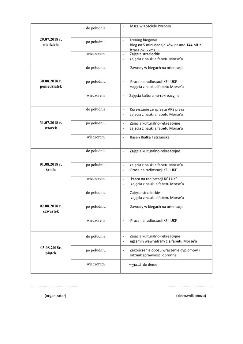 Program Obozu Sportowego Poronin 2018 2